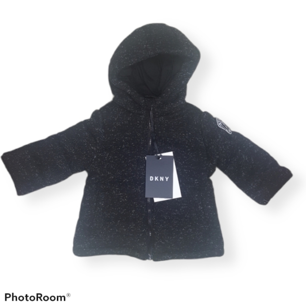 DKNY 12Mo Heather Charcoal Hooded Sweater Coat